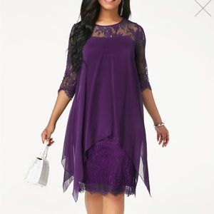 ROTITA Three Quarter Sleeve Chiffon Overlay Navy Blue Lace Dress